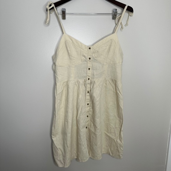 aerie Dresses & Skirts - Aerie Women's Linen Blend Button Front Smocked Back Tie Strap Mini Dress Cream L